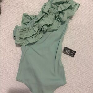 Mint Green Ruffled one shoulder body suit